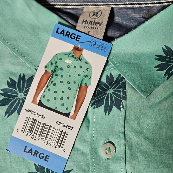 Hurley Patio Cabana Shirt Men L Green Floral Button Short Sleeve NWT - Picture 5 of 6